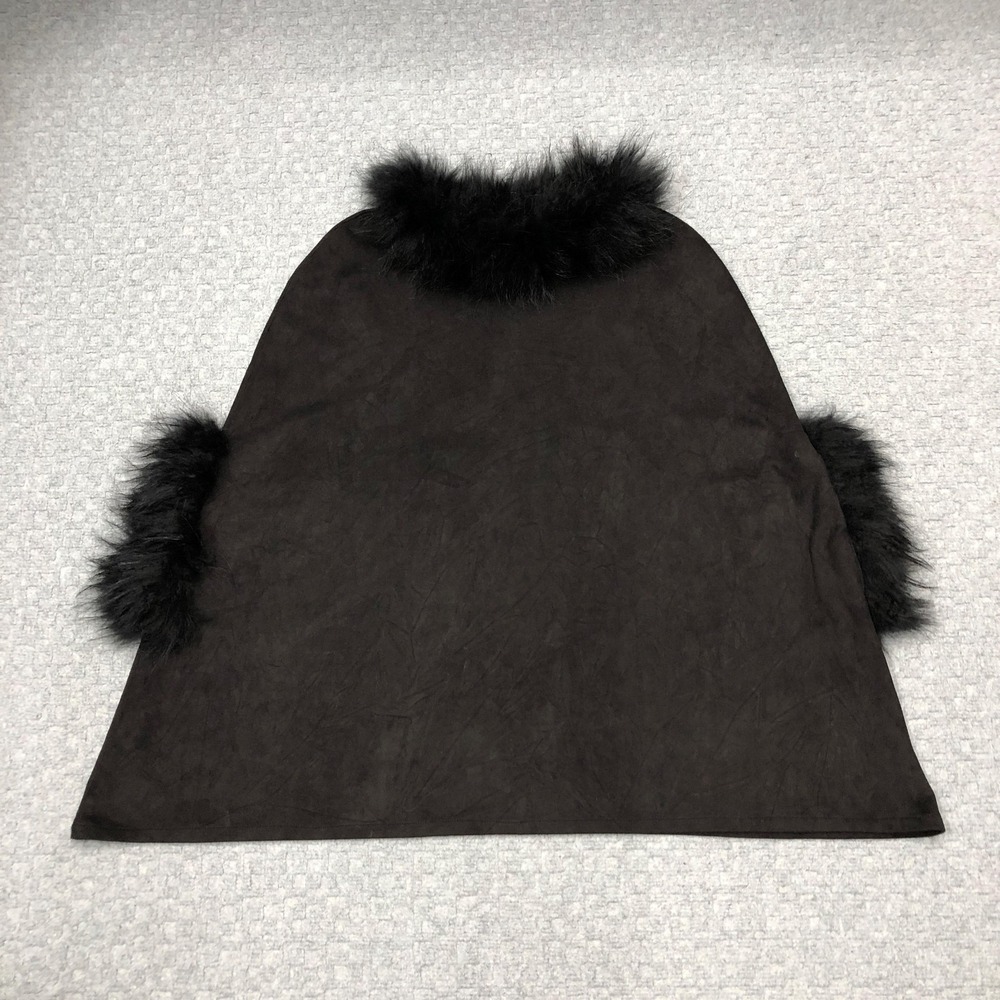 Dolce Cabo Poncho Womens M/L Brown Faux Suede Real Fur Trim Sleeveless Cape Goth